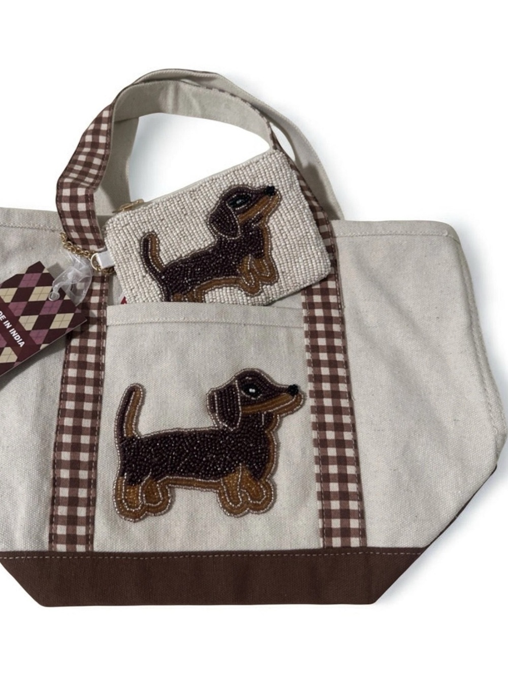Canvas Dachshundbeaded  Tote Bag with Matching Pouch